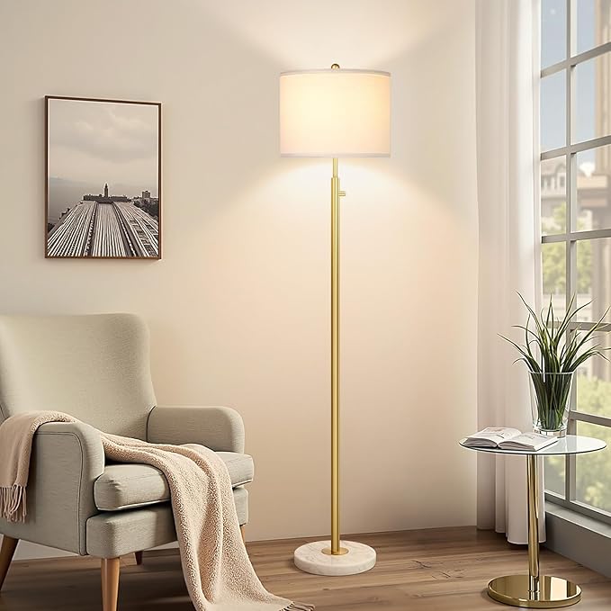 【Upgraded】Dimmable Gold Floor Lamp for Living Room, 11W LED Bulb Included, Modern Standing Lamp with Marble Base, Tall Pole Light with White Linen Shade for Bedroom Reading Office Corner Nursery