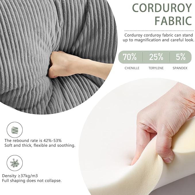 Corduroy Single Sofa Chair Modern Upholstered Accent Chair for Reading Comfy Living Room Chair with Side Pocket Oversized Armchair for Bedroom Lounge(Charcoal)