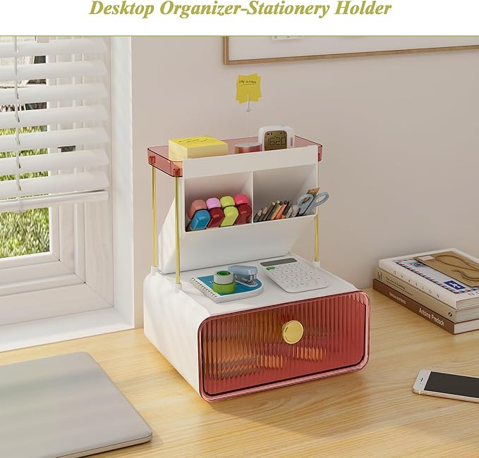 FOLLOWIN Bathroom Organizers and Storage with Drawer,Vanity Storage Organizer with Makeup Brushes Holder, Perfume Lotion Cosmetic Organizer,Blush Pink