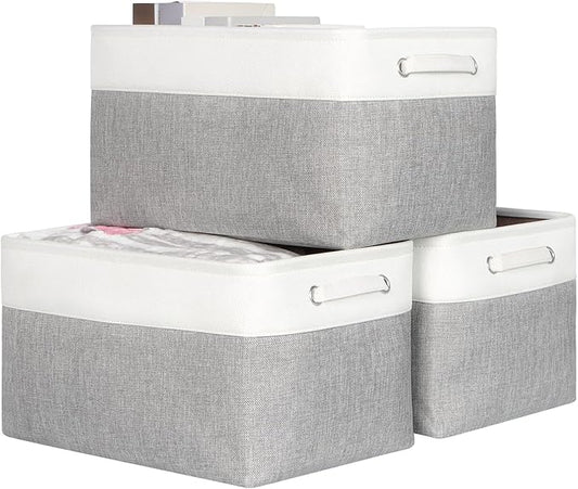 Kntiwiwo Large Fabric Foldable Storage Bin 17" x 11.8" x 9.8" Storage Baskets with Handle Large Cube Storage boxes for Closet, Shelves, Home, Set of 3, Grey