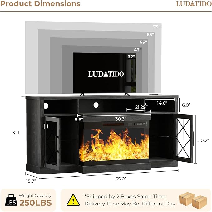 Ludatido 65 Inch FireplaceTV Stand with 3-Sided Glass Insert, Storage Cabinets & Drawers, Fits TVs up to 75", Remote & Touch Control, White Entertainment Center with USB&AC Power Interface, Black