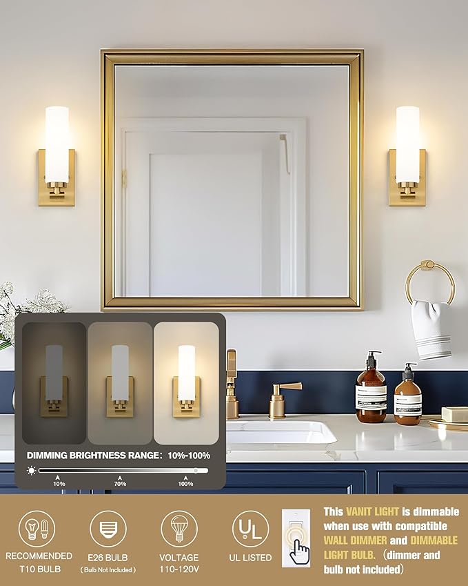 Emak Brushed Gold Wall Sconce, Modern Bathroom Vanity Sconces Wall Light Fixtures with Milk Glass Shade for Bathroom, Mirror, Living Room, Bedroom, Gallery, WS086-BGD-ML-2PK