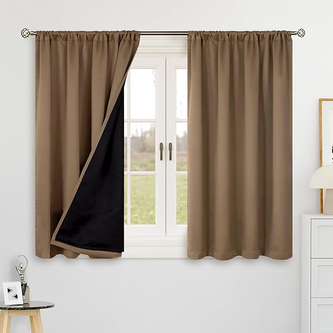 BGment Taupe 100% Blackout 48 Inch Curtains for Small Window, Rod Pocket and Back Tab Double Layer Black Out Thermal Insulated Room Darkening Curtain for Kitchen, 2 Panels, Each 42 x 48 Inch