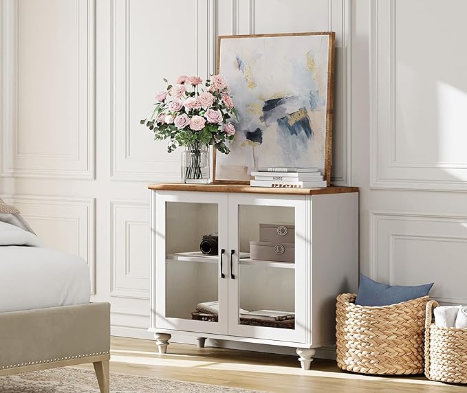 WAMPAT Farmhouse TV Stand for 75 inch TV with 4 Glass Doors, Wood Universal TV Stand with 4 Storage Cabinets, White Entertainment Center TV Console Table for Living Room, Bedroom