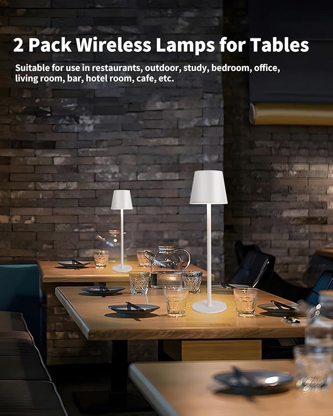 LED Cordless Table Lamps Set of 2,Portable Rechargeable 5000mAh Outdoor Table Lamp,3 Color Stepless Dimming Wireless Battery Powered Lamp, Table Light for Dinner/Patio/Restaurant/Bedroom(White)