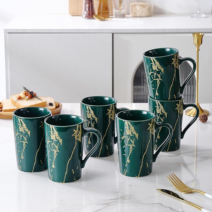 Porcelain Coffee Mugs, 12 Ounce, Set of 6, Green | Hot Tea | Cappuccino | Mocha | Cocoa | Cups for Latte