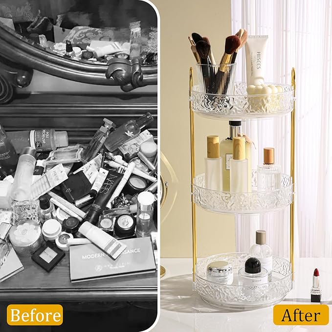 Fangoo 3 Tiers Clear Rotating Makeup Organizer for Vanity, 360 Spinning Skincare Organizers for Dresser Perfume Holder Large Skincare Make Up Storage Cosmetic Organizer for Bathroom Countertop
