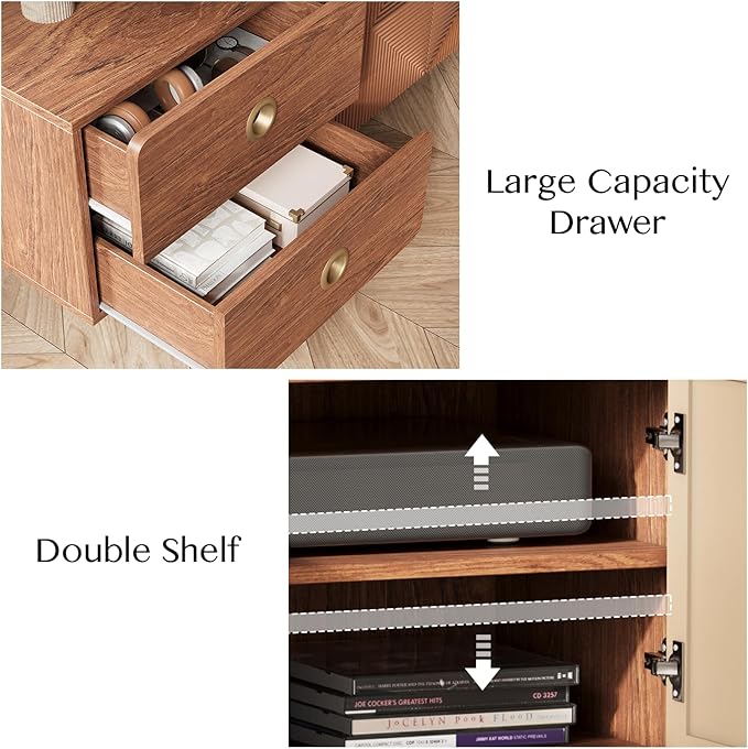 66" Fluted TV Stands for Living Room, Mid Century Modern TV Consoles for 75 inch TV, Entertainment Center with Storage, Media Console with Adjustment Shelf(Cherry)