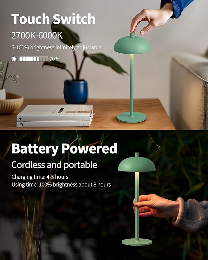 Cordless LED 12" Small Table Lamps Set of 2, Portable Waterproof Desk Lamp, 3 Color Dimming Rechargeable Battery Lights, for Bedroom, Outdoor, Dining Room, Bedside, Baby Night Light (Green)