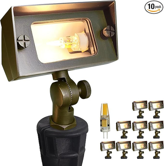 COLOER Brass Small Rectangular Flood Lights Outdoor 10 Pack with 2W 2700K Warm White LED G4 Bulb, 12V Low Voltage Landscape Outside Lights for House Illuminating Signs, Walls and Tree