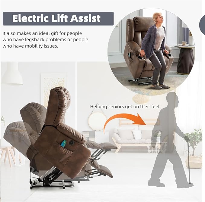 Power Lift Recliner Chair for Elderly, Electric Recliner Chairs for Adults with Massage and Heat, Cup Holders, Remote Control, USB Ports, Side Pockets, Leather (Ochre)