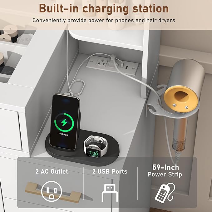 Glass Top Vanity Desk with Mirror and Lights, Large Vanity Makeup Mirror Desk with Charging Station Compartment Storage Drawers, Modern Makeup Vanity with 9 Drawers 6 Shelves, White