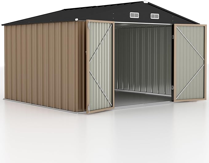GUNJI 10 x 8 FT Shed Outdoor Storage Shed Metal Garden Shed with Lockable Door Outside Waterproof Tool Shed for Backyard, Patio, Lawn (Brown)
