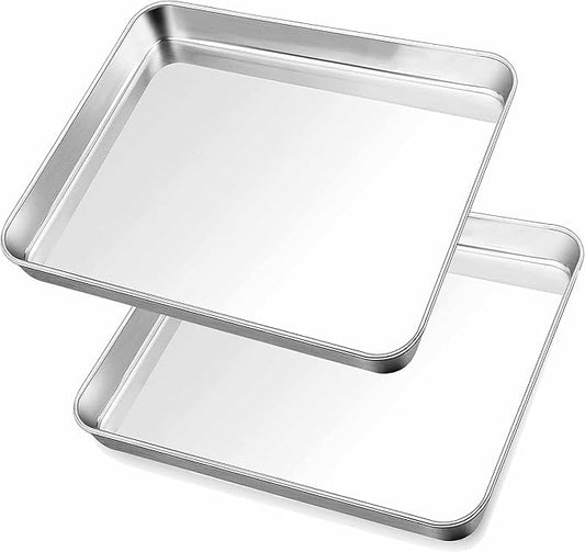 Herogo Nonstick Stainless Steel Baking Sheet Pan Set, 10×8×1 Inch Rectangle Cookie Sheet Bakeware Set for Oven, 2 Pack Multipurpose Kitchen Cookware, Non Toxic & Heavy Duty & Easy Clean- Small