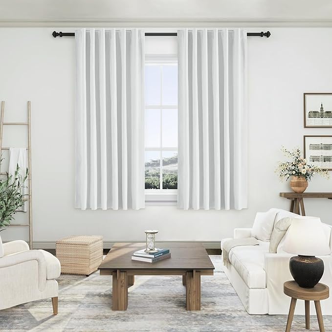 100% Blackout Ivory Curtains 63 inches Long Back Tab Rod Pocket 2 Panels Set Linen Curtain Thermal Insulated Textured Short Blackout Curtains for Bedroom Darkening 52x63 White