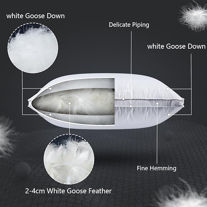Soft Down Pillows for Sleeping(2 Pack),Standard(20inx26in) - White Goose Feather and Down Bed Pillow Inserts,100% Cotton Cover,Lightweight,Fluffy Sleeping Pillows for All Sleepers