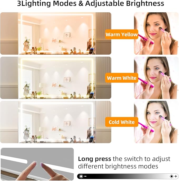 Makeup Vanity Desk with Power Outlet, 46'' Glass Top Vanity Set, 7 Drawers Vanity Table with Cushioned Stool, 3 Lighting Modes Brightness Adjustable,White