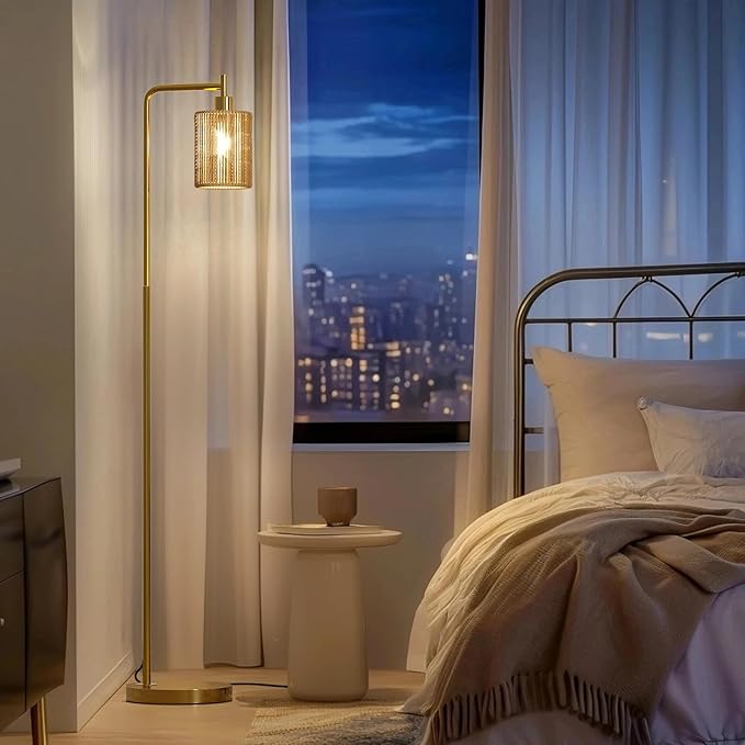 Oneach 66" Gold Floor Lamp for Living Room, Boho Floor Lamp with LED Bulb, Foot Switch, Rattan Shade, Industrial Tall Farmhouse Standing Lamp for Bedroom, Dining Room, Study Room, Office