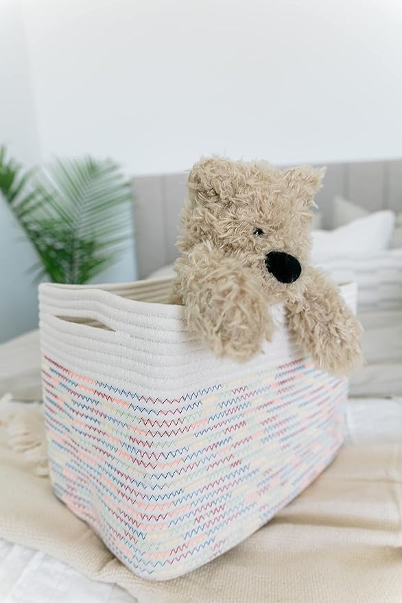 OrganiHaus Set of 3 Rainbow Stiches Woven Storage Baskets for Organizing, Cotton Rope Storage Baskets for Shelves, Soft Bathroom Bins for Organizing, Decorative Cute Nursery Bins for Toys