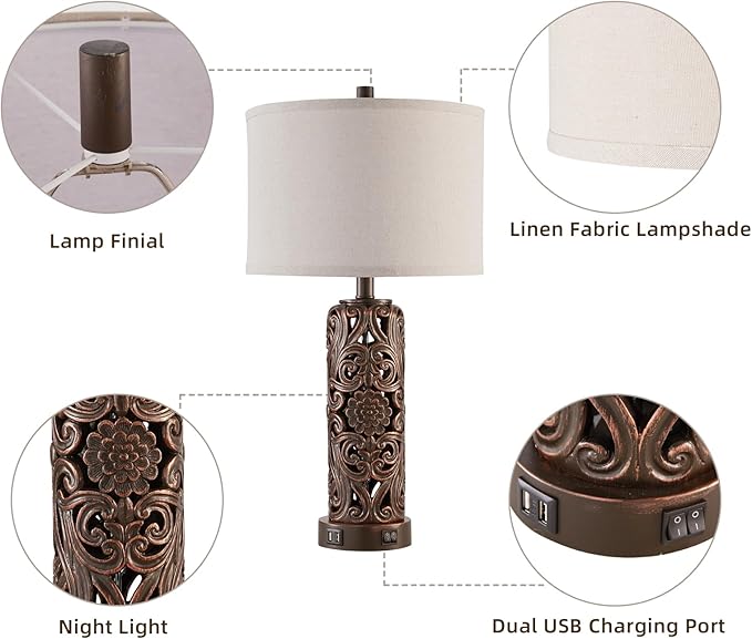 Farmhouse Table Lamps Set of 2, Vintage Lamp for Living Room and 2 USB Ports Bedside Lamp with Nightlight for Bedroom, Dark Brown Hollow Out Resin Nightstand Lamp, 2 Bulbs Included