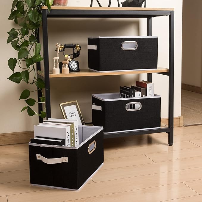 PRANDOM Fodable Storage Bins for Closet [3-Pack] Decorative Fabric Storage Baskets Cubes with Leather/Metal Handles for Shelves Bedroom Living Room Black (11.5x8.5x6.7 Inch)
