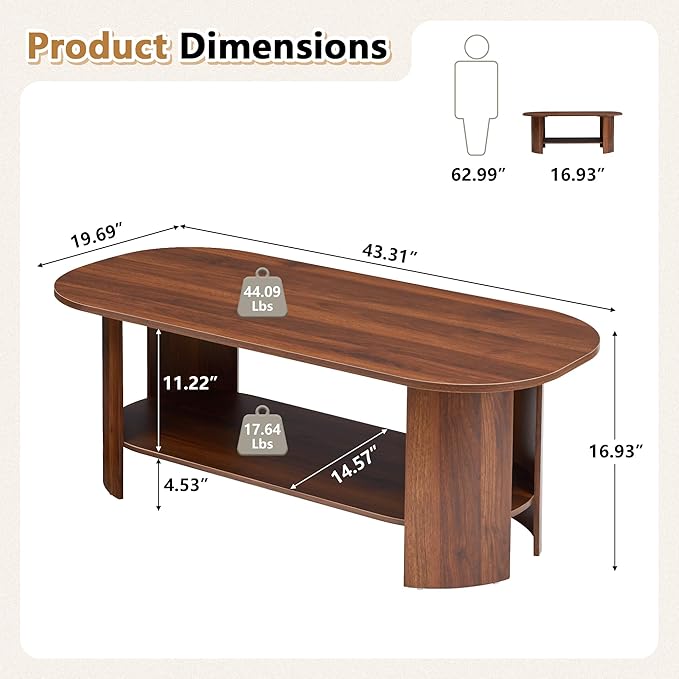 43.3” Oval Coffee Table with Storage, Wood Coffee Tables for Living Room, Farmhouse Center Table with 2-Tier Storage Shelf Low Tea Table for Small Space, Home, Office (Walnut)
