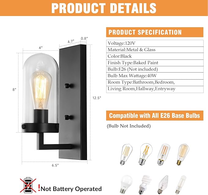 Black Wall Sconces Set of 2, Modern Farmhouse Bathroom Sconces with Clear Glass Shade, Vanity Lights for Bedroom Living Room Bathroom Hallway Stairwell