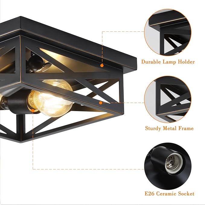 2Pack Flush Mount Ceiling Light Fixture,Black Farmhouse Kitchen Lighting Fixtures Ceiling Rustic Light Fixtures for Dining Room, Kitchen, Porch, Hallway, Entryway(Black & Gold Border)