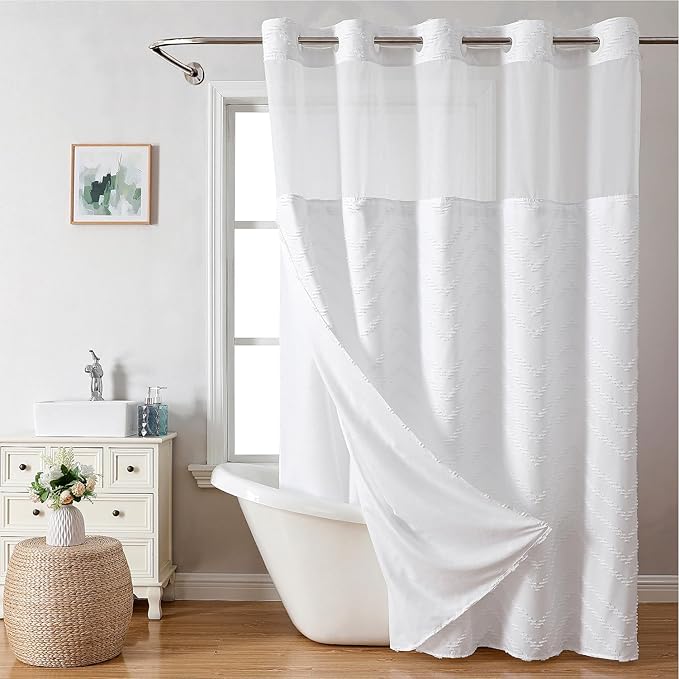 Extra Long No Hook Tufted Chevron Striped Shower Curtain with Snap-in Fabric Liner set-71Wx98H(96H),Tall Hotel Grade Boho Style Shower Curtain,Water Repellent,White