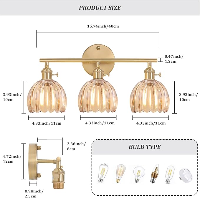 Bathroom Light Fixtures, 3-Light Brass Vanity Wall Light Over Mirror with Amber Tulip Glass Shade for Bedroom Living Room
