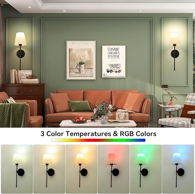 Wall Lights Battery Operated Wall Sconces Set of 2, Rechargeable Wall Sconce with Dimmable Bulbs and Remote, Black Wireless Wall Lamps Battery Powered with Fabric Shade