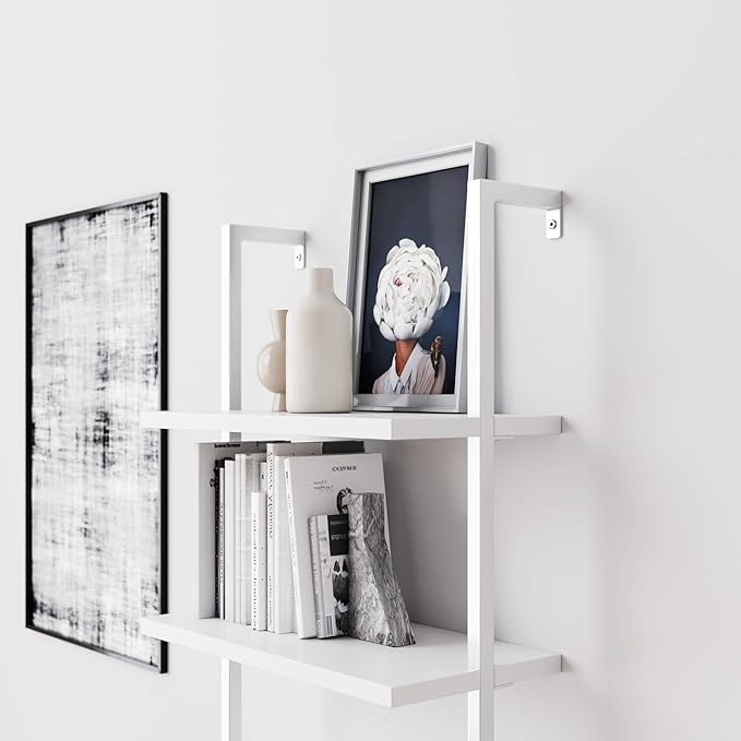 Nathan James Theo 5-Shelf Modern Bookcase, Open Wall Mount Ladder Bookshelf with Industrial Metal Frame, White, Set of 4