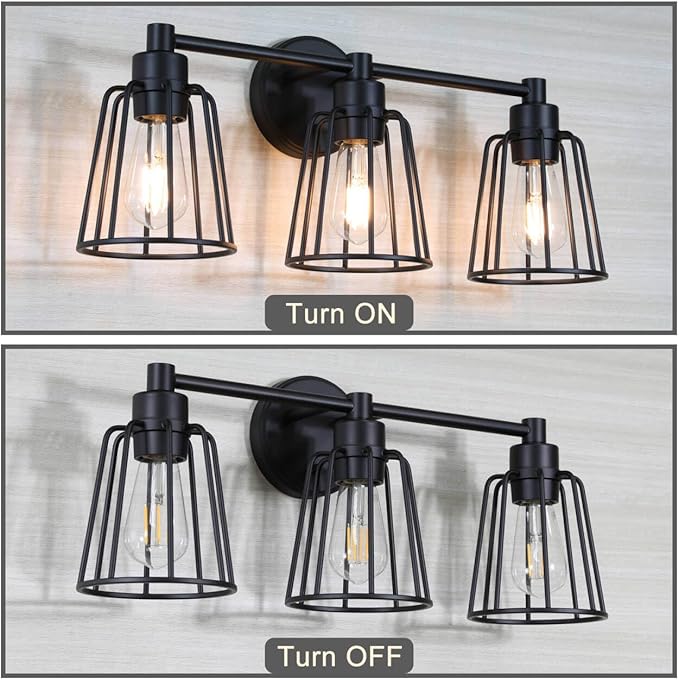 XiNBEi Lighting Farmhouse Bathroom Light Fixtures, 3 Light Bathroom Vanity Light, Industrial Metal Cage Sconces Wall Lighting in Matte Black Finish XB-W1287-3-MB