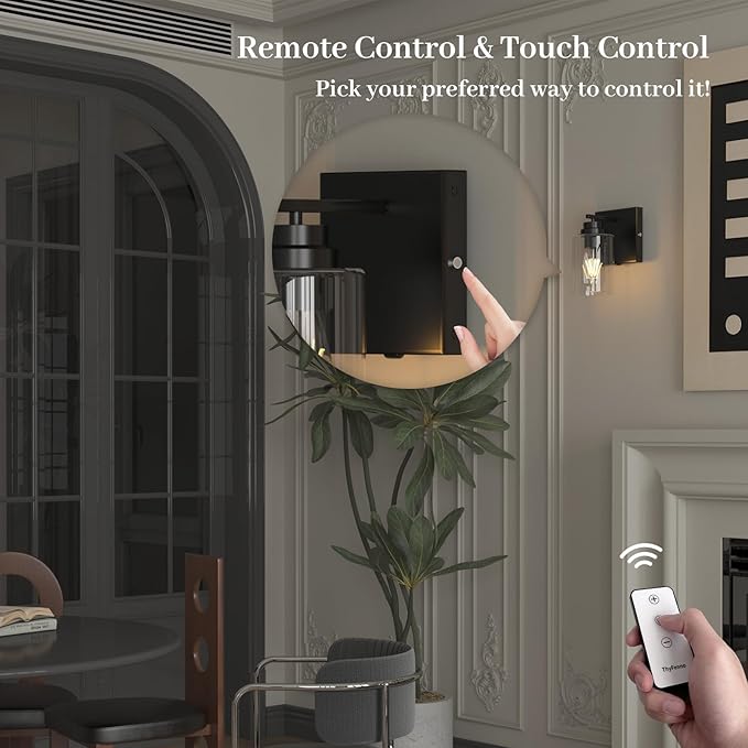 Battery Operated Wall Sconce with Remote Control, Dimmable Wall Lamp Set of Two No Wired, Rechargeable Cordless Wall Light Fixtures for Bedroom Living Room Bathroom Hallway Farmhouse, Black