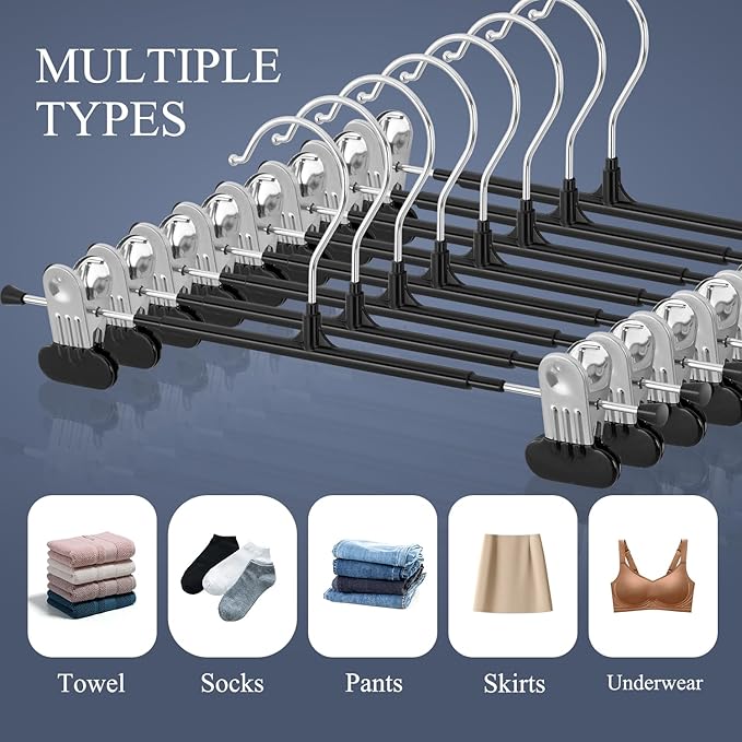 Clothes Pants Hangers with Wide Clips 20 Pack,Non-Slip Adjustable Skirt Hanger for Women,Space-Saving Heavy Duty Men Hangers for Pants,Trousers,Jeans,Shorts 12Inch Black