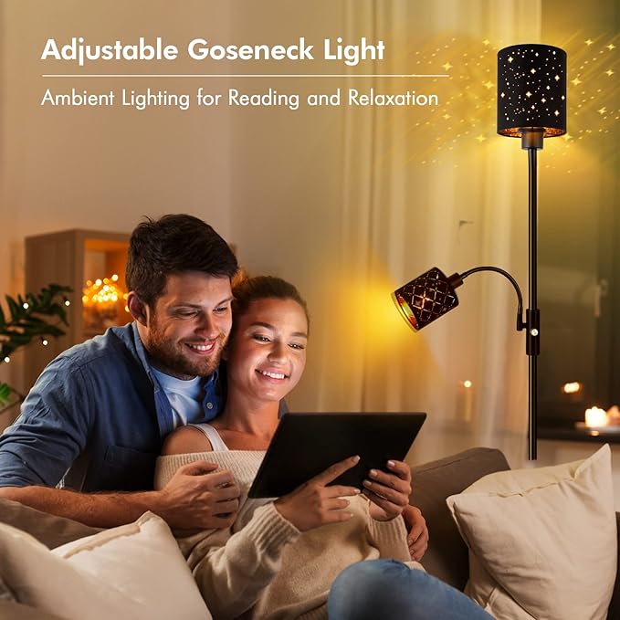 Gothic Industrial Torchiere Floor Lamp with Adjustable Reading Light, 71" Black Metal Standing Lamp with Gold Lined Starry Shade, Vintage Pole Lamp for Living Room & Bedroom, Spooky Home Decor