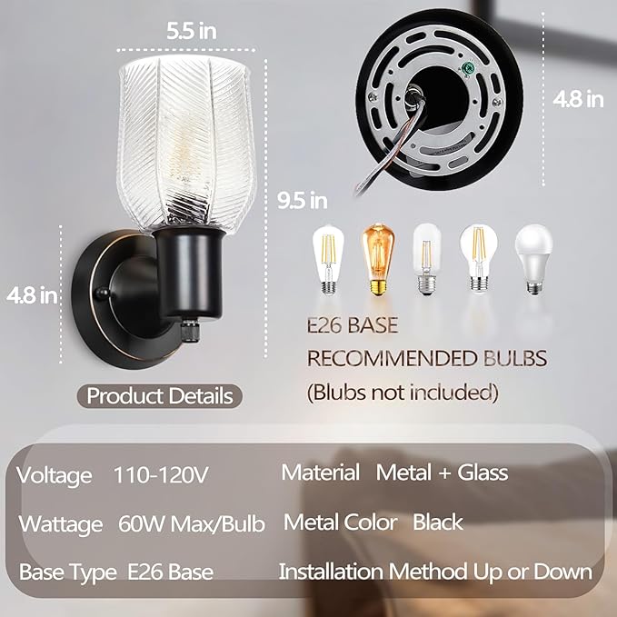 Wall Sconces Set of 2 - Matte Black Vanity Lights for Bathroom Modern Wall Light Fixtures with Rotary Switch - Wall Mount Light with Stripe Glass,Farmhouse Wall Lamp for Bedroom Mirror Living Room