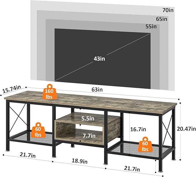 VECELO Industrial TV Stand for 70 Inch Television Cabinet 3-Tier Console with Open Storage Shelves, Entertainment Center Metal Frame for Living Room, Bedroom, 63 Inch, Light Grey