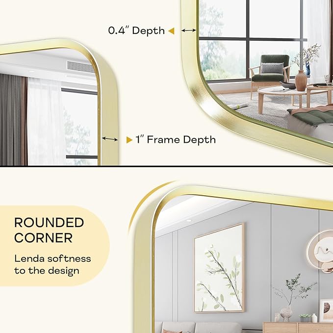 Wall Mount Mirror for Bathroom, Brushed Gold Metal Framed Rounded Corner Rectangular Vanity Mirror (18" x 24", Gold)