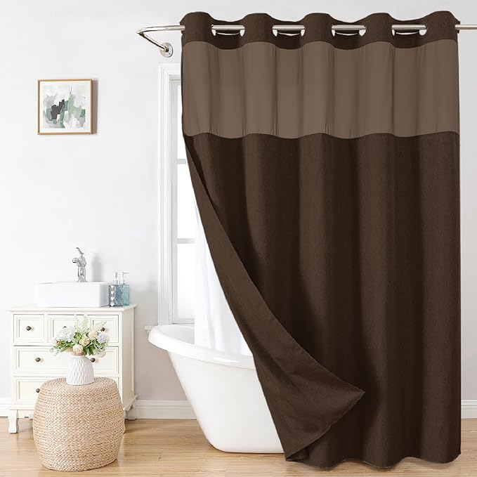 Long No Hooks Needed Linen Textured Shower Curtain with Snap-in Fabric Liner Set,Hotel Luxury Decor Shower Curtains for Bathroom,Waterproof & Washable,71Wx80H,Brown