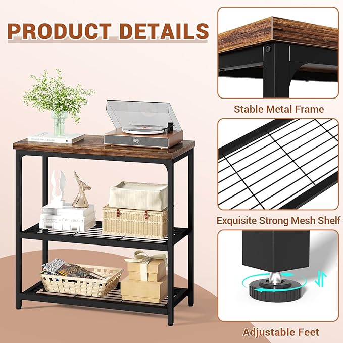 32" Small Console Table, 3-Tier Entryway Table, Sofa Table with Mesh Shelves, Console Tables for Living Room, Bedroom, Hallway, Entryway, Foyer, Rustic Brown
