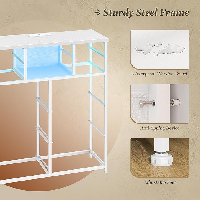 White Dresser for Bedroom with Charging Station and LED and 10 Fabric Drawers, Sturdy Tall Chest of Drawers with 2 Open Storage Shelves Storage Tower for Closet, Hallway
