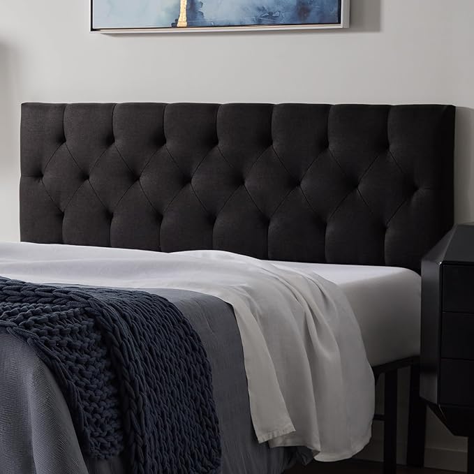 Lucid Mid-Rise Upholstered Headboard - Diamond Tufted - Padded Polyester - Adjustable Height from 34” to 46” - Easy Assembly - Bed Frame or Wall Mount - Sturdy - Black - King / Cal King Size