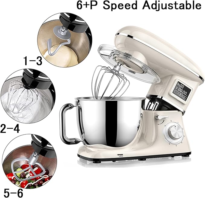 Stand Mixer, 6.5QT Electric Kitchen Mixer, 6+P Speed Adjustable Tilt-Head Food Mixer with Dough Hook, Egg Whisk & Beater (White)