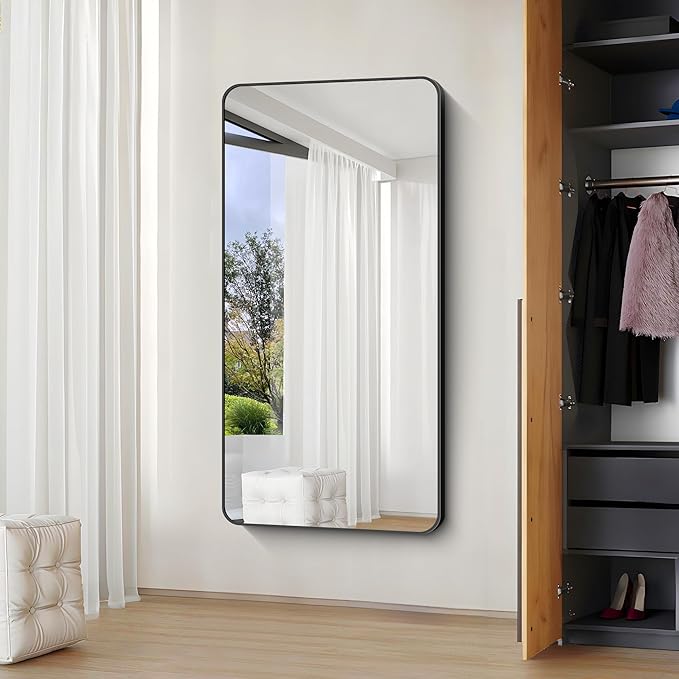 Bathroom Mirror, 30x60 inch Black Rectangle Wall Mirror, Metal Frame Rounded Corner Vanity Mirror, Large Wall Mounted Mirrors for Over Sink Bedroom Living Room Horizontal Or Vertical Mounting