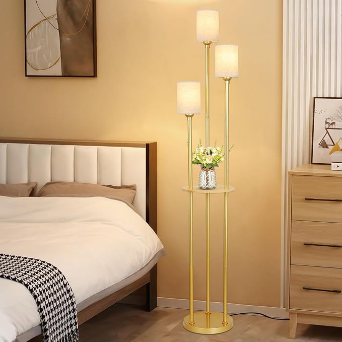 Floor Lamps for Living Room, 3-Lights Modern Floor Lamp with Shelves, Gold Standing Lamp with Fabric Shade and Foot Switch, Shelf Standing Lamps with Table, Tall Table Lamps for Bedroom Office
