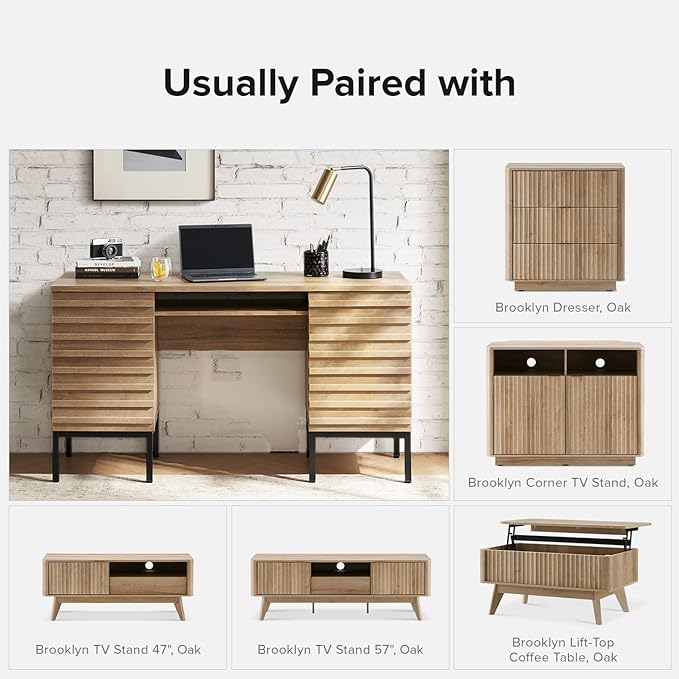 mopio Norwin Executive Desk, Modern Industrial Farmhouse Desks for Home Office, with Sturdy Metal Legs, Fluted Panel Dual Cabinet