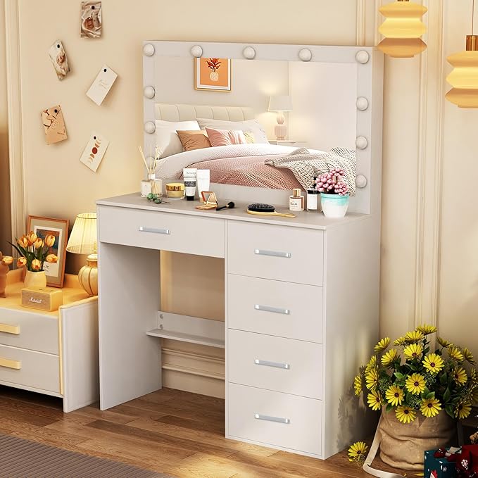Makeup Vanity Desk with Large Mirror and Lights, White Makeup Vanity Table Set with Storage Drawers, Vanity with Lights for Bedroom, Dressing Table for Teen Girls and Women