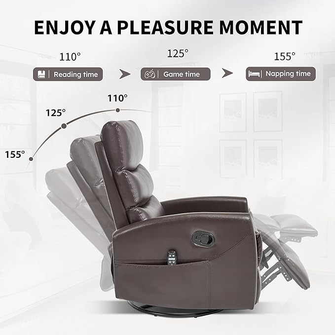 PELUMY Massage Recliner Chair with Heat - Manual Rocker Swivel Recliner, 360° Rotation & 155° Recline for Living Room（Breathable Leather, Brown）