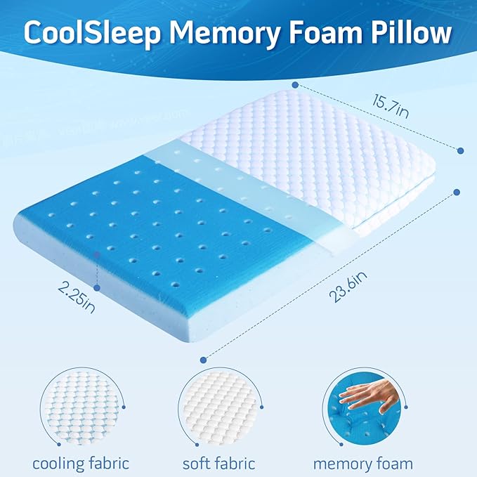 Cooling Gel Flat Pillow for Stomach and Back Sleepers,MAX Cool++ for Back Stomach Sleepers, Ultra Thin Pillow 2.75" H,Flat Pillows for Sleeping Thin Memory Foam Pillows with Washable Cover
